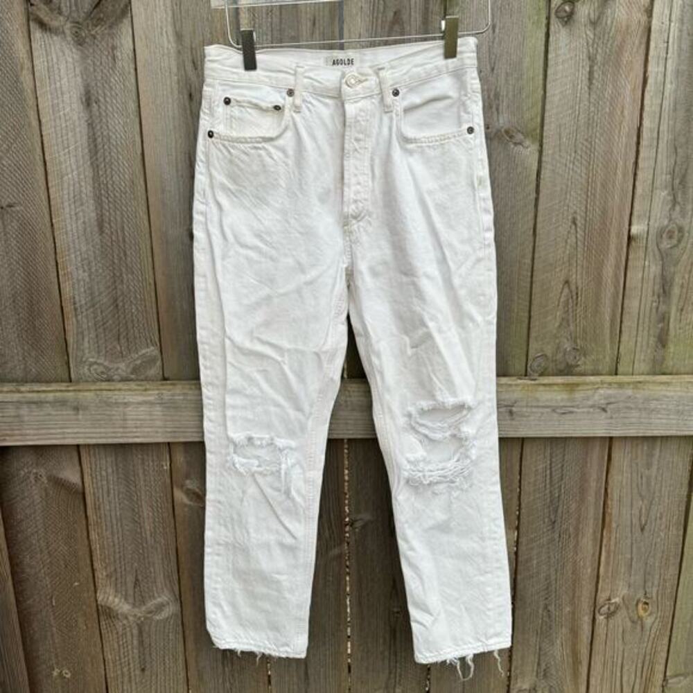 Agolde Jeans Riley Straight  Cropped Jeans Distressed Button‎ Fly White Size 27